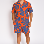 Men’s Summer Outfit – Orange Tropical Matching Set with Blue Leaf Print