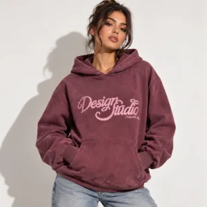 Embroidered Acid Wash Oversized Burgundy Hoodie