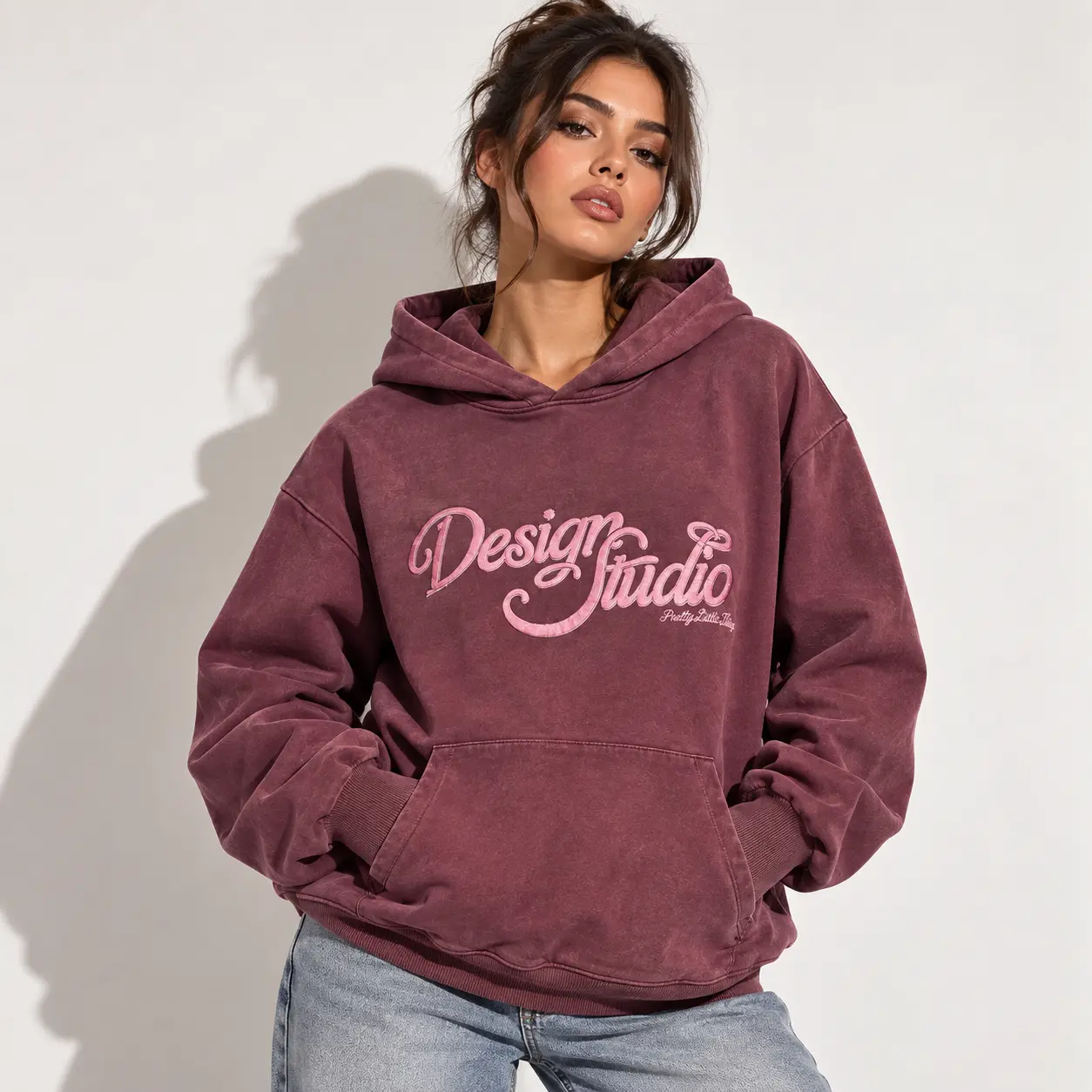 Embroidered Acid Wash Oversized Burgundy Hoodie