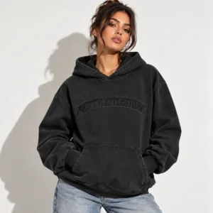 Acid Wash Oversized Black Embroidered Pull Over Hoodie