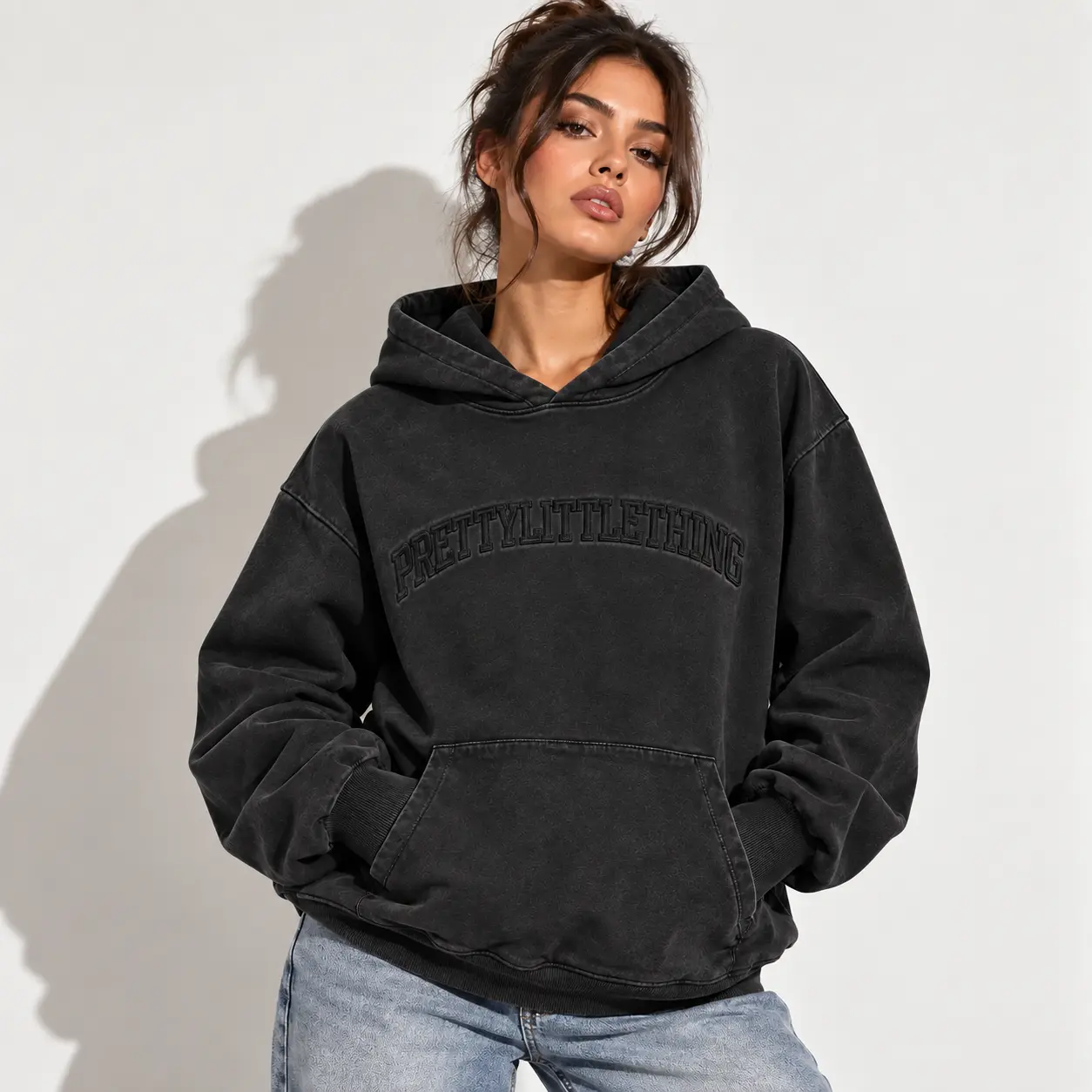 Acid Wash Oversized Black Embroidered Pull Over Hoodie
